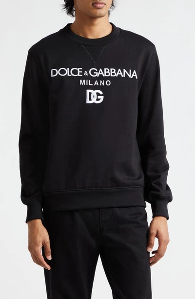 Dolce & Gabbana Embroidered Logo Cotton French Terry Graphic Sweatshirt In N0000 Nero