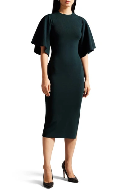 Ted Baker Lounia Fluted Sleeve Body-con Sweater Dress In Dark Green