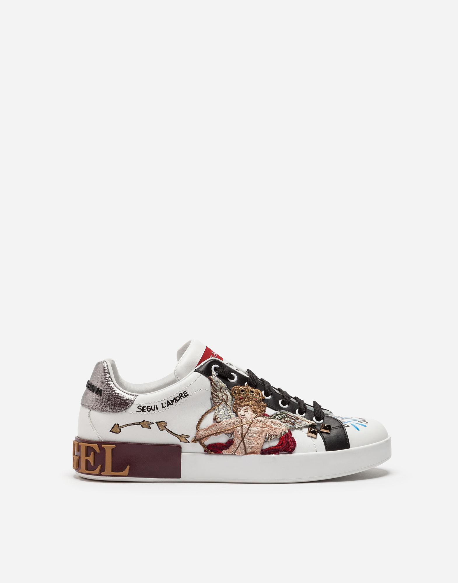 Dolce & Gabbana Portofino Sneakers In Printed Calfskin With Cupid Patch And Appliqués In White