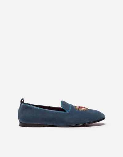 Dolce & Gabbana Velvet Loafers With Heart Embroidery In Azure