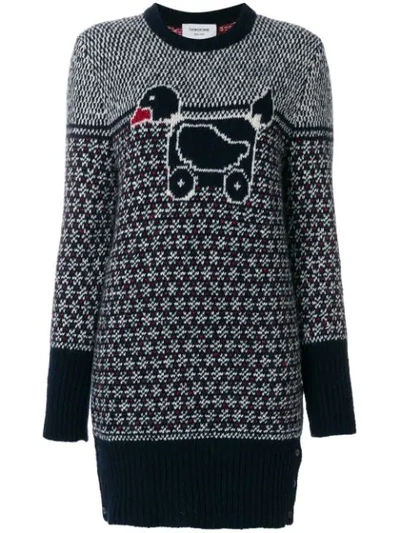 Thom Browne Pullover Dress With Duck Toy Icon In Mohair Tweed In Blue