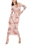 Afrm Janet Floral Cutout Long Sleeve Mesh Midi Dress In Taupe Camo