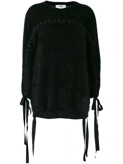 Fendi Tie Detail Fuzzy-knit Sweater In Black