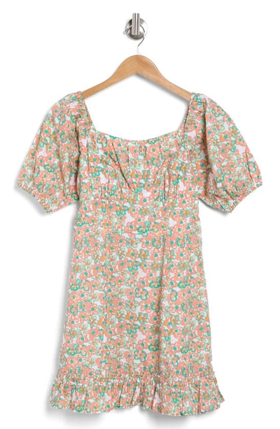 Obey Cleo Puff Sleeve Dress In Apricot Pink Multi