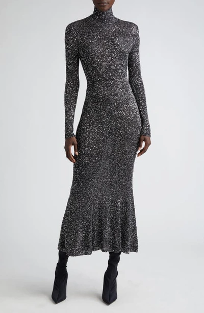 Balenciaga Long Sleeve Sequin Knit Turtleneck Gown In Black/ Silver