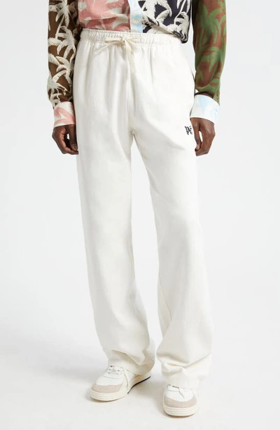 Palm Angels Monogram Embroidered Straight Leg Pants In Off White Black
