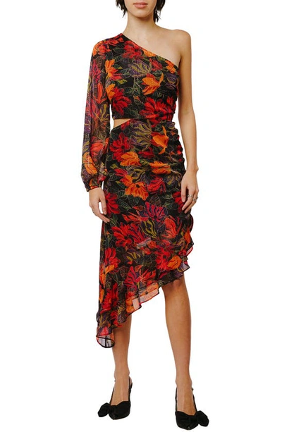 Ciebon Moretta Floral One Shoulder Asymmetric Maxi Dress In Black Multi