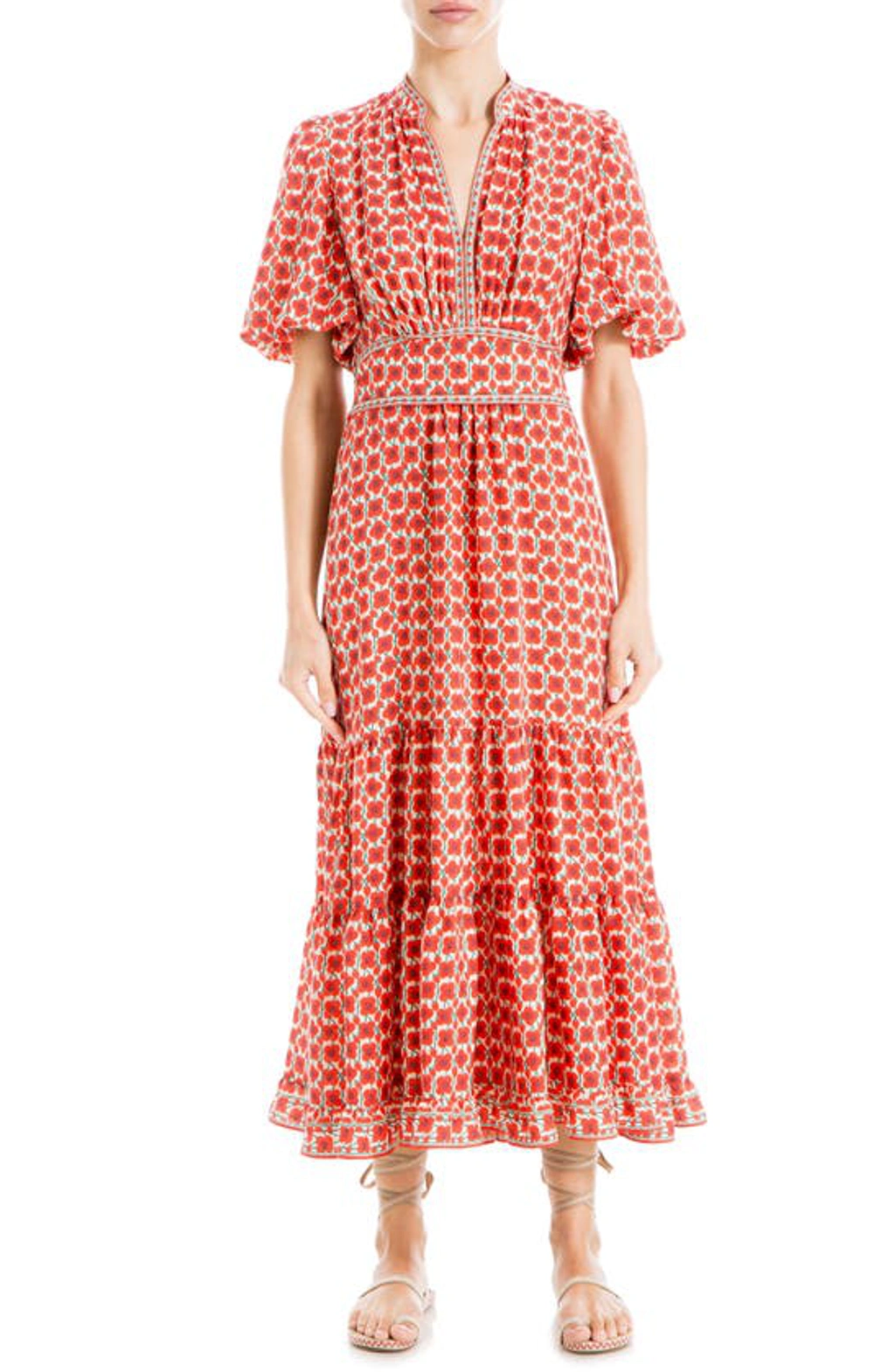 Max Studio Paisley Puff Sleeve Tiered Maxi Dress In Red Poppy Seed |  ModeSens