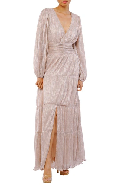 Ciebon Ashlyn Long Sleeve Metallic Pliss Maxi Dress In Gold | ModeSens