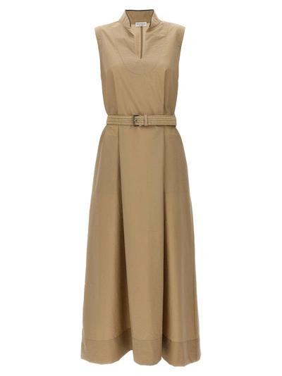 Brunello Cucinelli Waist Belted V-neck Midi Dress In Beige