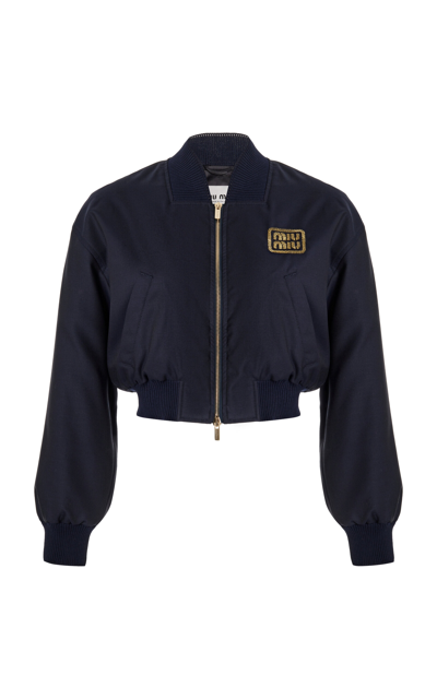 Miu Miu Logo-embroidered Cropped Bomber Jacket In Blue