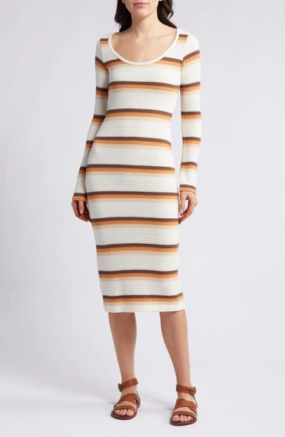 Rip Curl Sun Club Jacquard Stripe Long Sleeve Midi Dress In Ivory Multi Colour