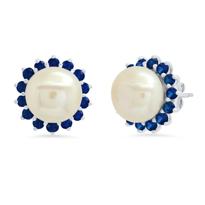 Max + Stone Sterling Silver 9mm Cultured Pearl And Created Blue Sapphire Earrings