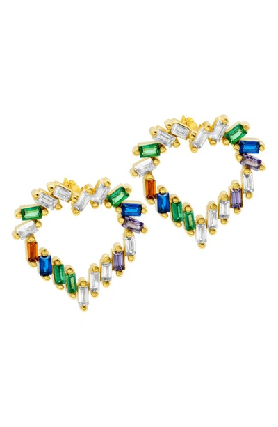 Adornia 14k Yellow Gold Plated Rainbow Cz Open Heart Stud Earrings In Multi