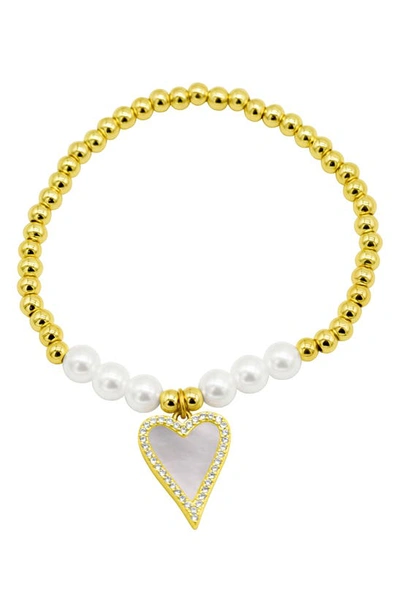 Adornia 14k Gold-plated Stretch Pearl Bracelet With Mother-of-pearl Halo Heart In White