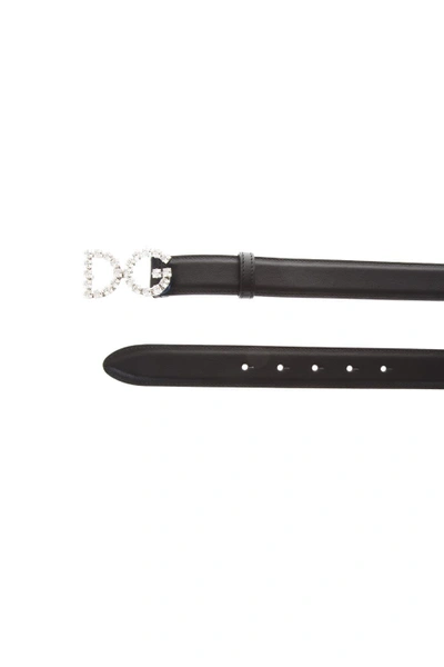 Dolce & Gabbana Black Leather Belt With Crystals Logo