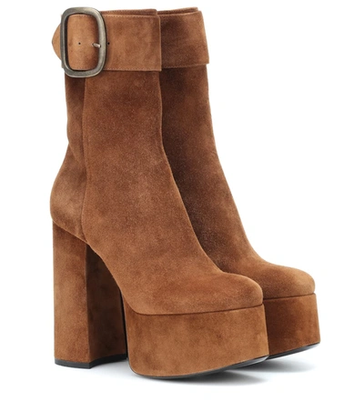 Saint Laurent Billy Suede Plateau Ankle Boots In Brown