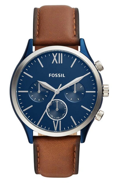 Fossil Fenmore Midsize Multifunction Luggage Leather Watch, 44mm In Blue