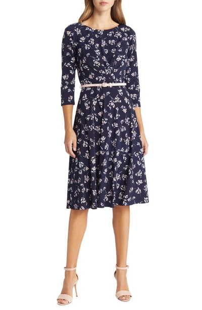 Harper Rose Pleated Floral Print Belted Dress In Navy