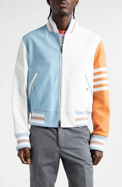 Thom Browne Fun-mix 4-bar Colourblock Leather Bomber Jacket In White