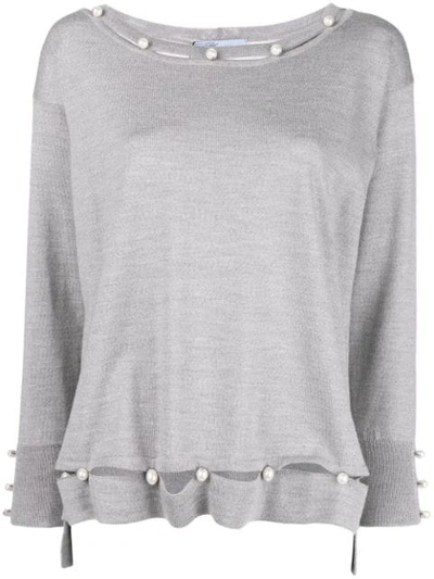 Blumarine Pearl Embellished Fine-knit Sweater In Grey