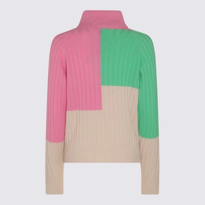 Essentiel Antwerp Beige, Green And Neon Pink Merino Wool And Cashmere Blend Rib Knit Sweater In Bel Air