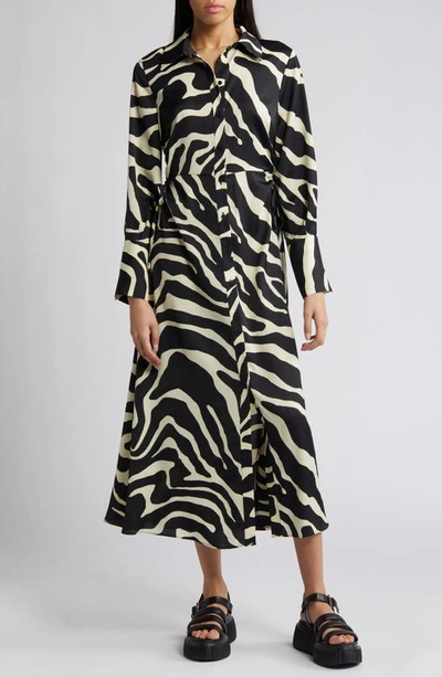 Topshop Ruched Side Long Sleeve Midi Shirtdress In Black/ White