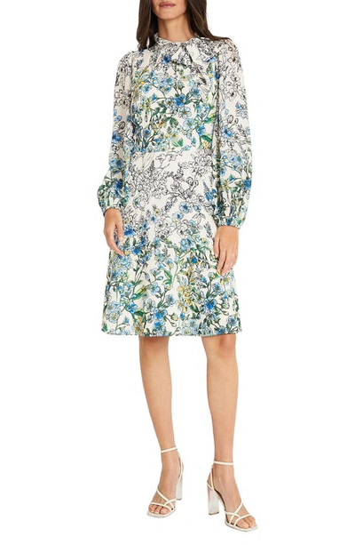 Maggy London Floral Print Long Sleeve Dress In Ivory/ Blue