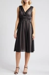 Connected Apparel Chiffon Overlay Fit & Flare Dress In Black/ Soft Blush