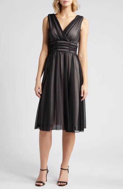 Connected Apparel Chiffon Overlay Fit & Flare Dress In Black/ Soft Blush