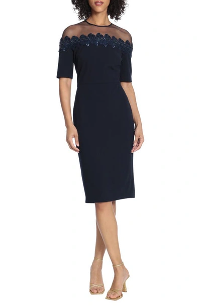 Maggy London Mesh Yoke Beaded Cocktail Sheath Dress In Twilight Navy