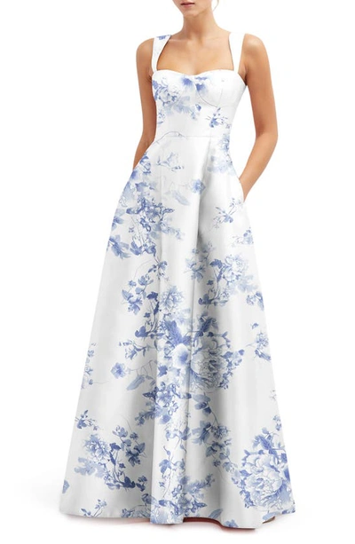 Alfred Sung Floral Lace Up A-line Gown In Cottage Rose Larkspur