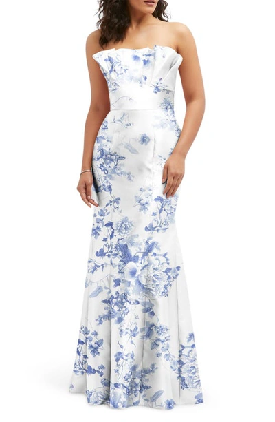 Alfred Sung Floral Ruffle Strapless Trumpet Gown In White