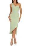 Dress The Population Magnolia One-shoulder Asymmetric Body-con Midi Dress In Sage