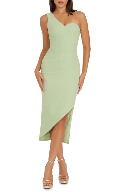 Dress The Population Magnolia One-shoulder Asymmetric Body-con Midi Dress In Sage