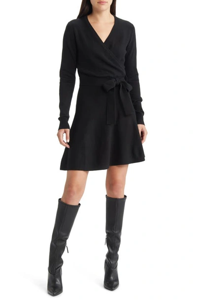 French Connection Long Sleeve Faux Wrap Sweater Dress In 01-black