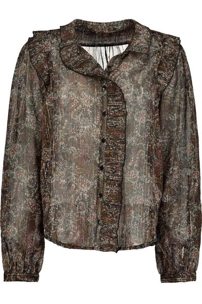 Bishop + Young Anya Ruffle Blouse In Brown / Gold In Multi