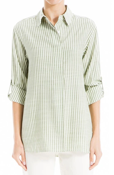 Max Studio Stripe Oversize Long Sleeve Button-up Tunic In Green/ Ivory Stripe