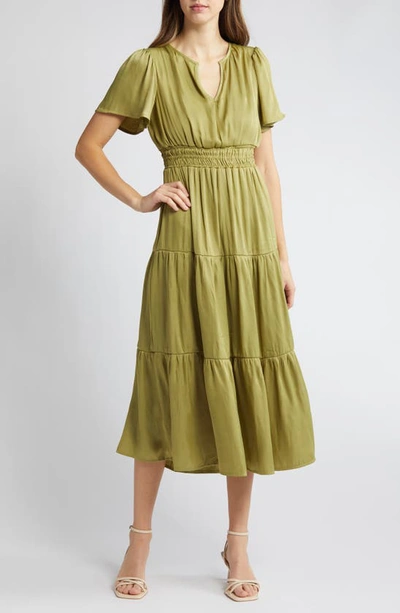 Zoe And Claire Split Neck Tiered Midi Dress In Light Olive
