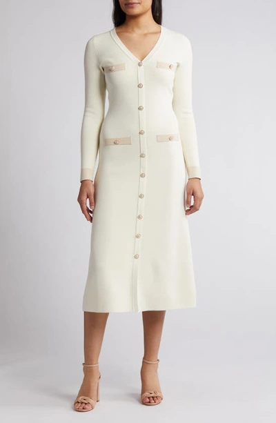 Zoe And Claire Button Detail Long Sleeve Midi Sweater Dress In Ivory