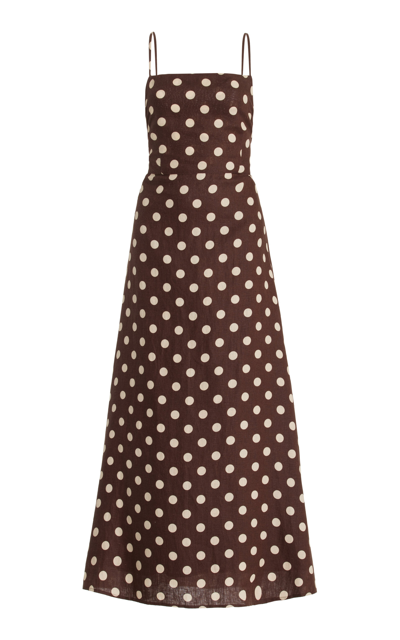 Posse Lori Open-back Polka-dot Linen Maxi Dress In Brown