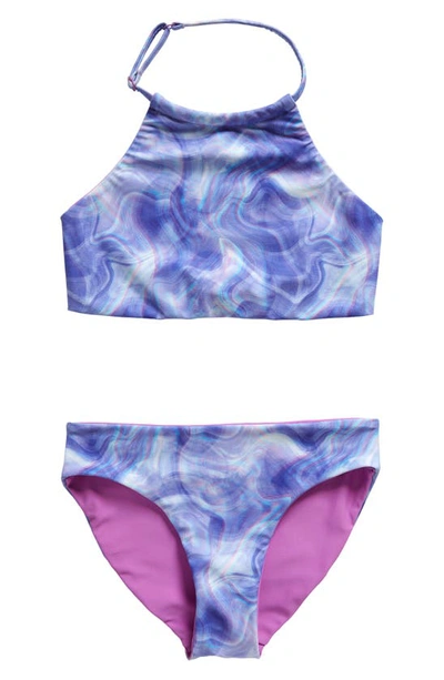 Zella Girl Kids' Just Breathe Reversible Two-piece Swimsuit In Purple Iris Soft Lines