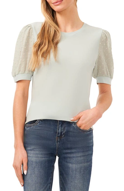 Cece Puff Sleeve Mixed Media Top In Light Sage Green