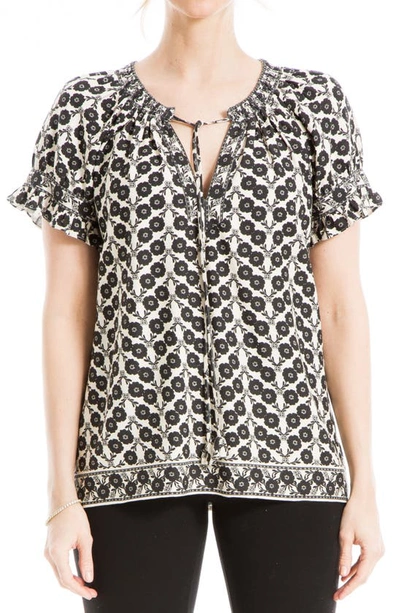 Max Studio Ruffle Sleeve Top In Cream/ Blk Linum Floral