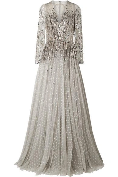 Jenny Packham Blanche Embellished Point D'esprit Tulle Gown In Silver