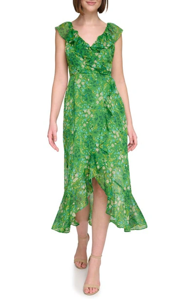 Kensie Ruffle Faux Wrap Dress In Green Multi