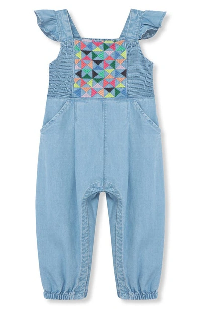 Peek Essentials Babies' Embroidered Flutter Sleeve Denim Jumpsuit In Light Denim