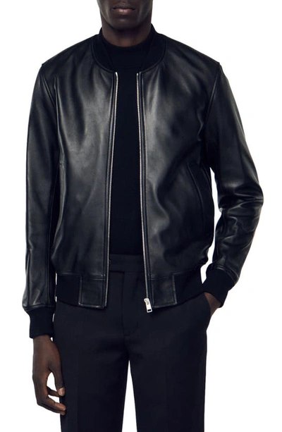 Sandro New Monaco Leather Bomber Jacket In Black