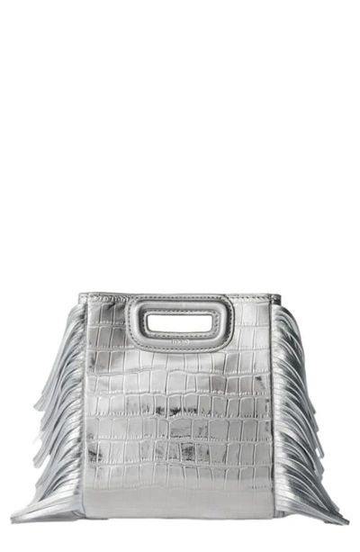 Maje Croc Metallic Leather Mini Shoulder Bag In Silver