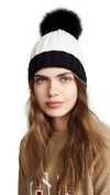 Adrienne Landau Ribbed Two Tone Hat With Fur Pom In Black/white